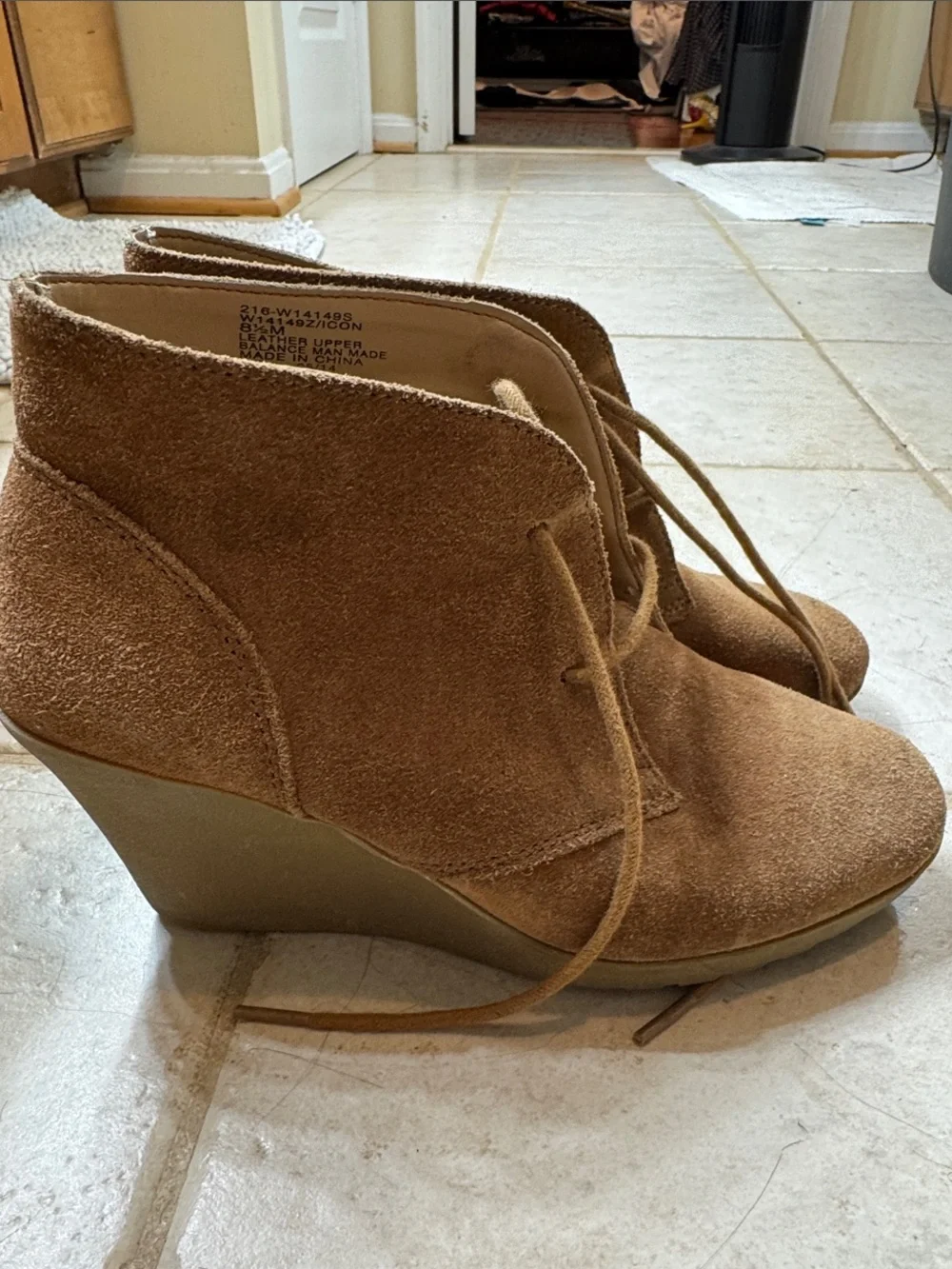 White Mountain Tan Suede Lace-Up Wedge Booties